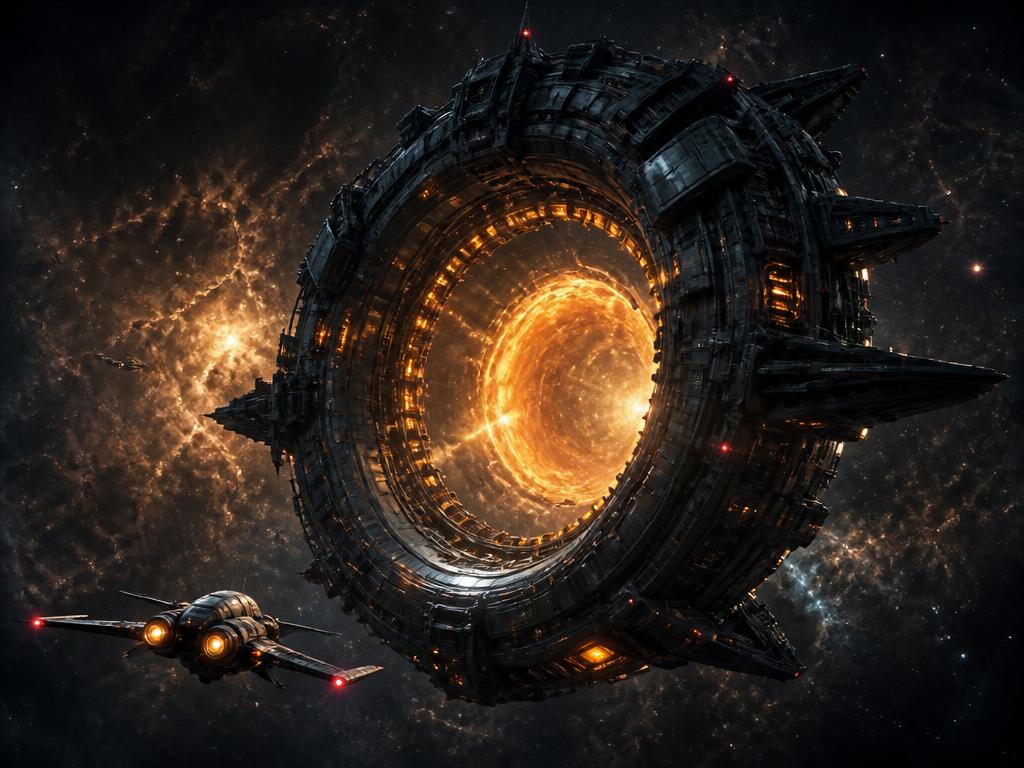 Massives Sprungtor mit glühend orangem Energiekern, ein Jäger im Anflug