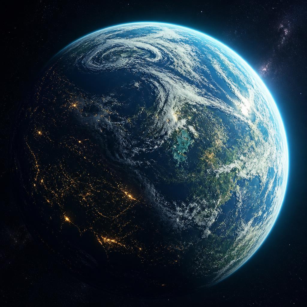 Blau-grüner Planet aus dem Orbit mit Wolkenwirbeln und leuchtenden Städten auf der Nachtseite